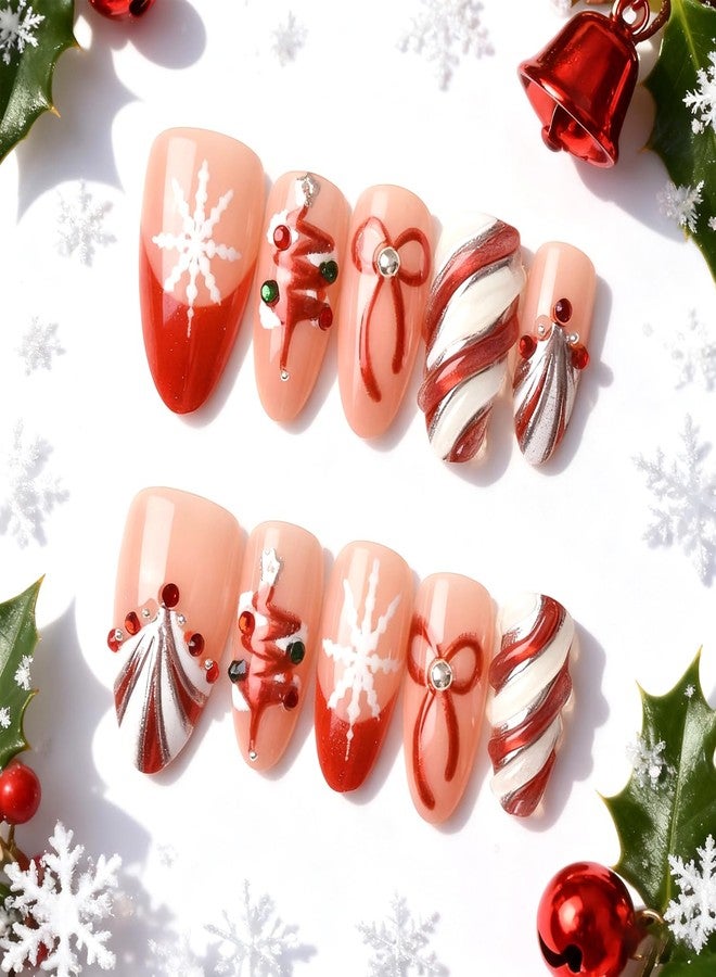 YKZFUI 30Pcs Handmade Christmas Press on Nails Medium Almond Fake Nails with 3D Rhinestones Jewelry Design Red French False Nails Cute Bow & Snow Full Cover Shiny Stripes Artificial Acrylic Nails for Women - Image 2